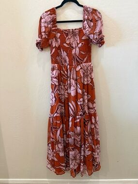Patrons of Peace Rust and Pink Floral Puff-Sleeve Maxi Dress #P332